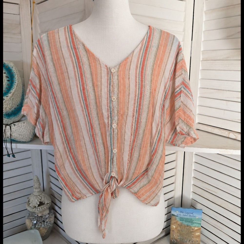 Beachlunchlounge Petite Small Striped Linen Blend Tie Front Button Down Top